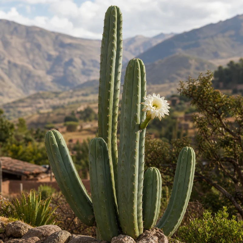 Cactus San Pedro Echinopsis pachanoi en fleurs dans un paysage andin